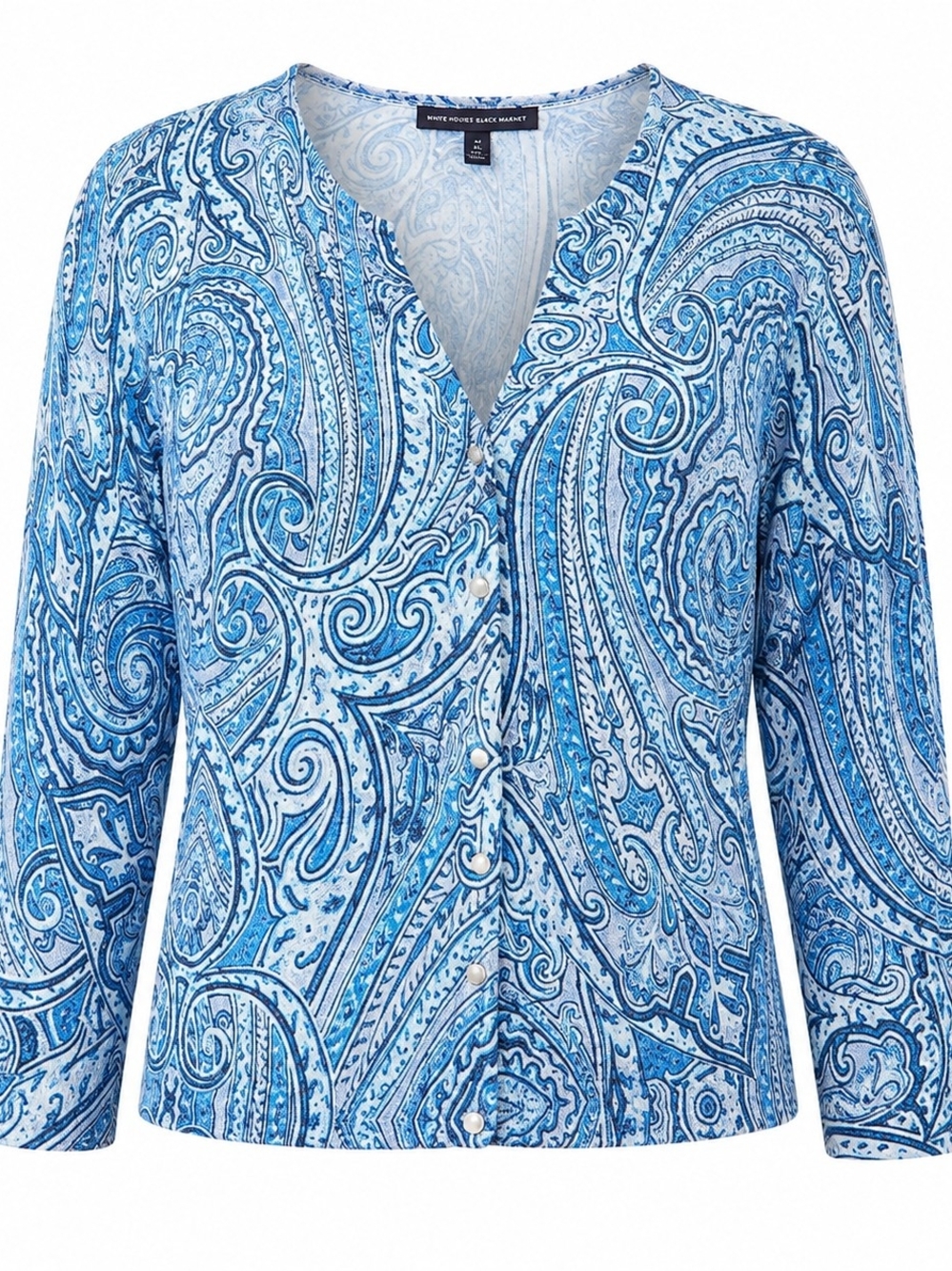 WHITE HOUSE BLACK MARKET | Sonoma Waves Paisley Snap V-Neck Cardigan Blue | XL